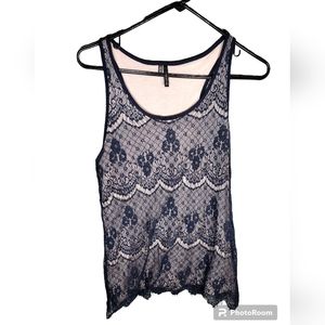 Maurices black lace with fringed hem and pink lining sleeveless top M